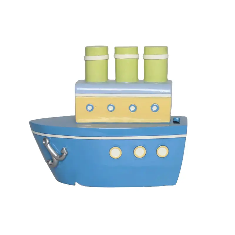 A blue-and-yellow ship-shaped coin bank with green funnels
