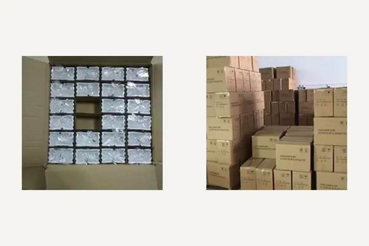 Individually wrapped pieces separated inside a carton, alongside stacked shipping cartons