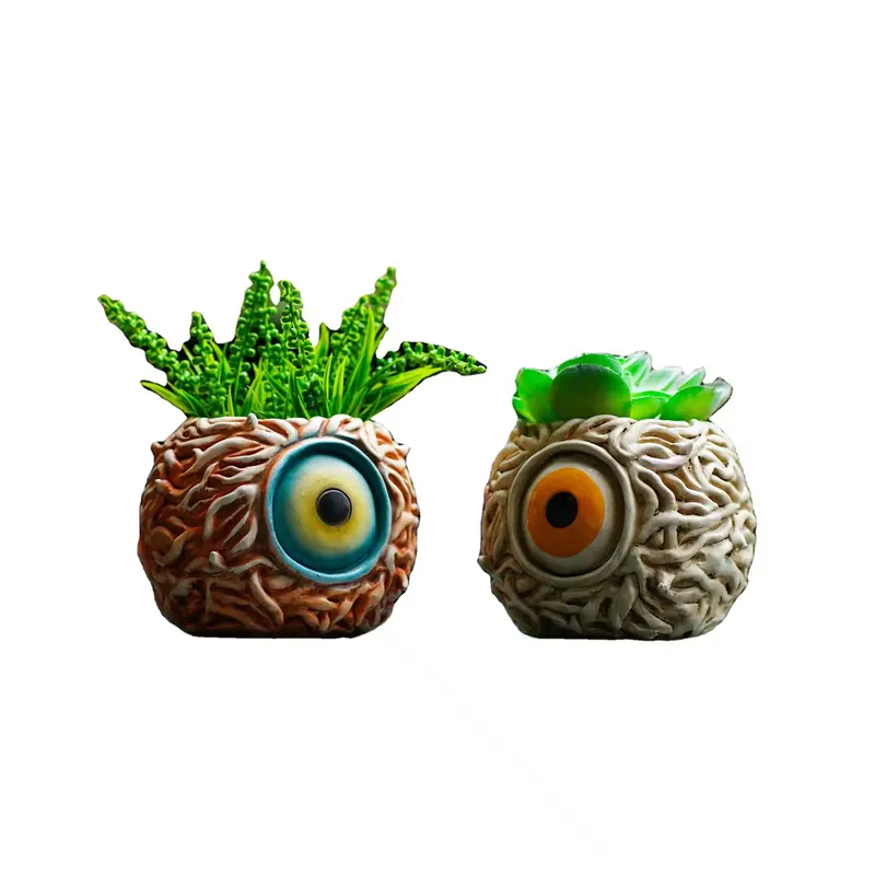 Two eye-shaped planters holding small green plants