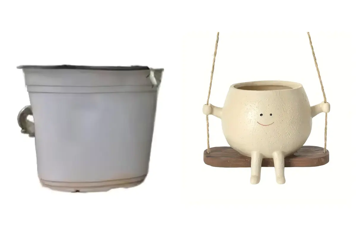 A separate growing pot beside an empty smiling planter on a swing