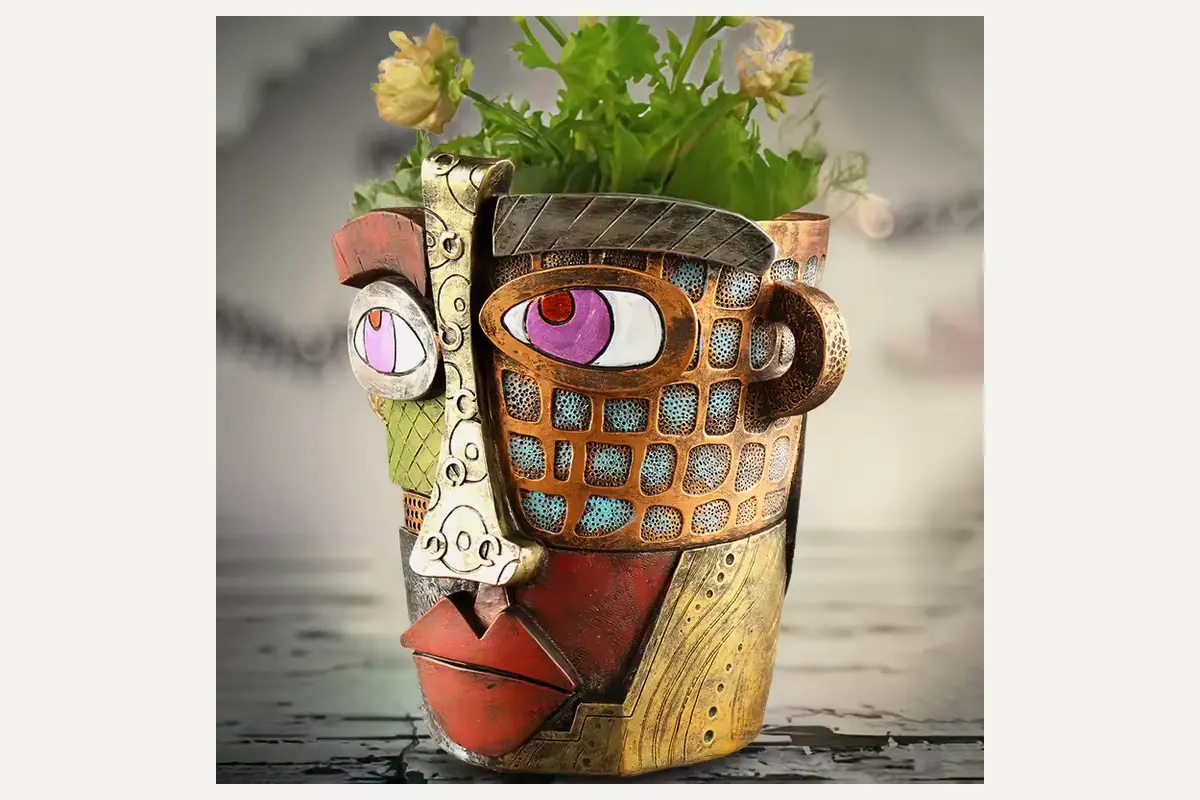 A multicolored face planter with raised geometric surface details