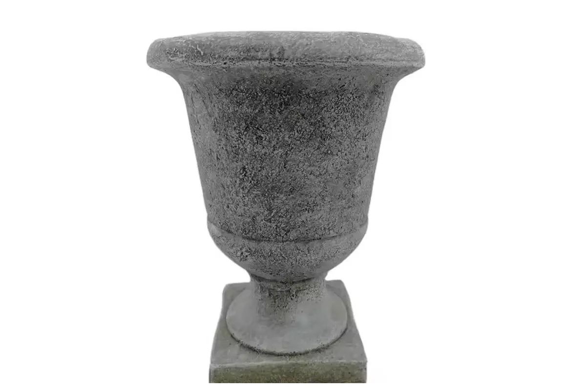 A gray urn-shaped planter with a broad rim and textured exterior