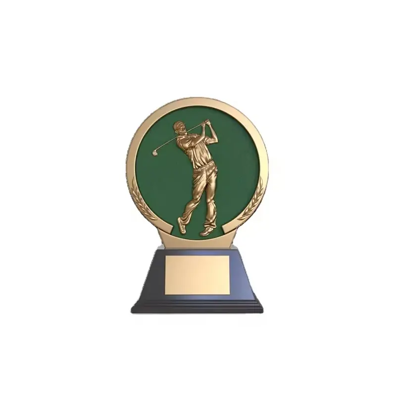 A round green-and-gold golf award with a naming panel