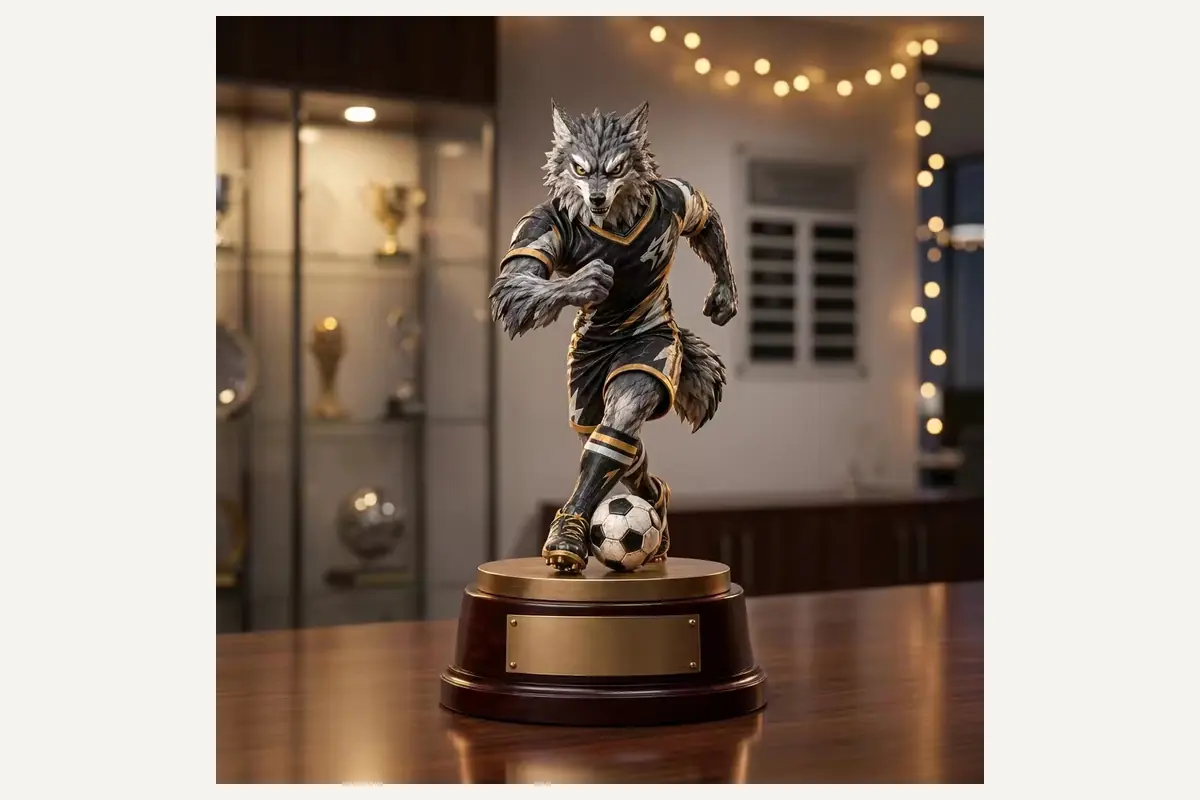 A wolf football-player award on a round metallic-colored base