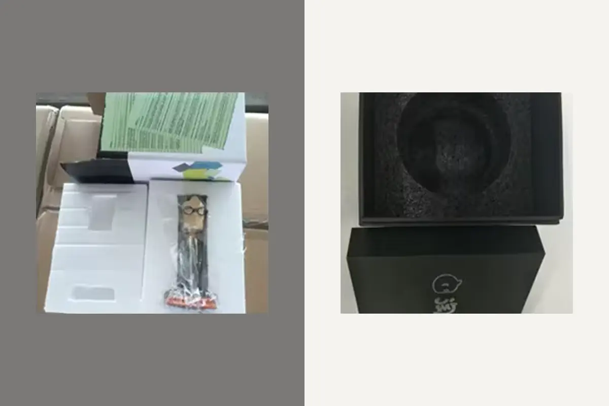 A white foam insert and a black presentation-box insert in supplied packaging examples