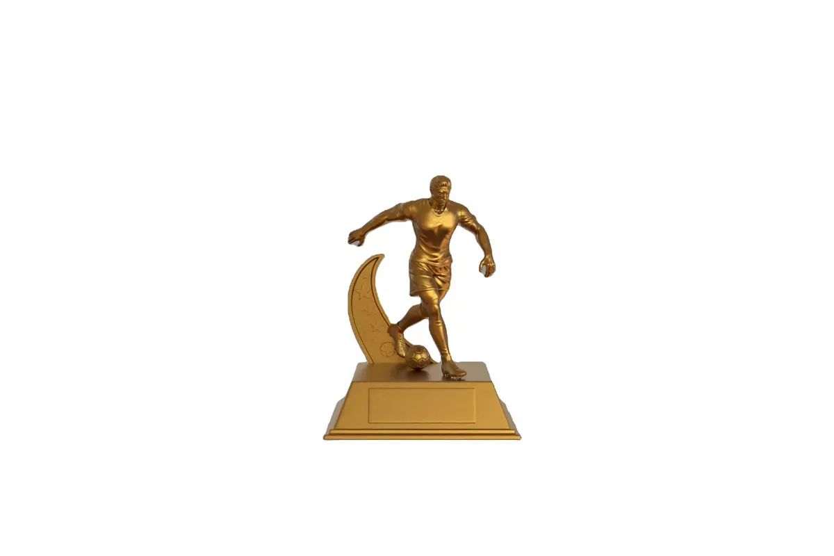 A gold-colored football-player sculpture award on an integrated base