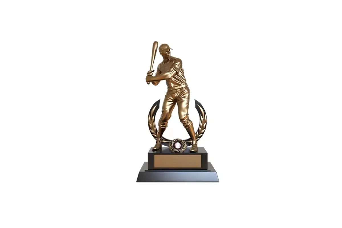 A bronze-colored baseball-player trophy with a front naming plaque