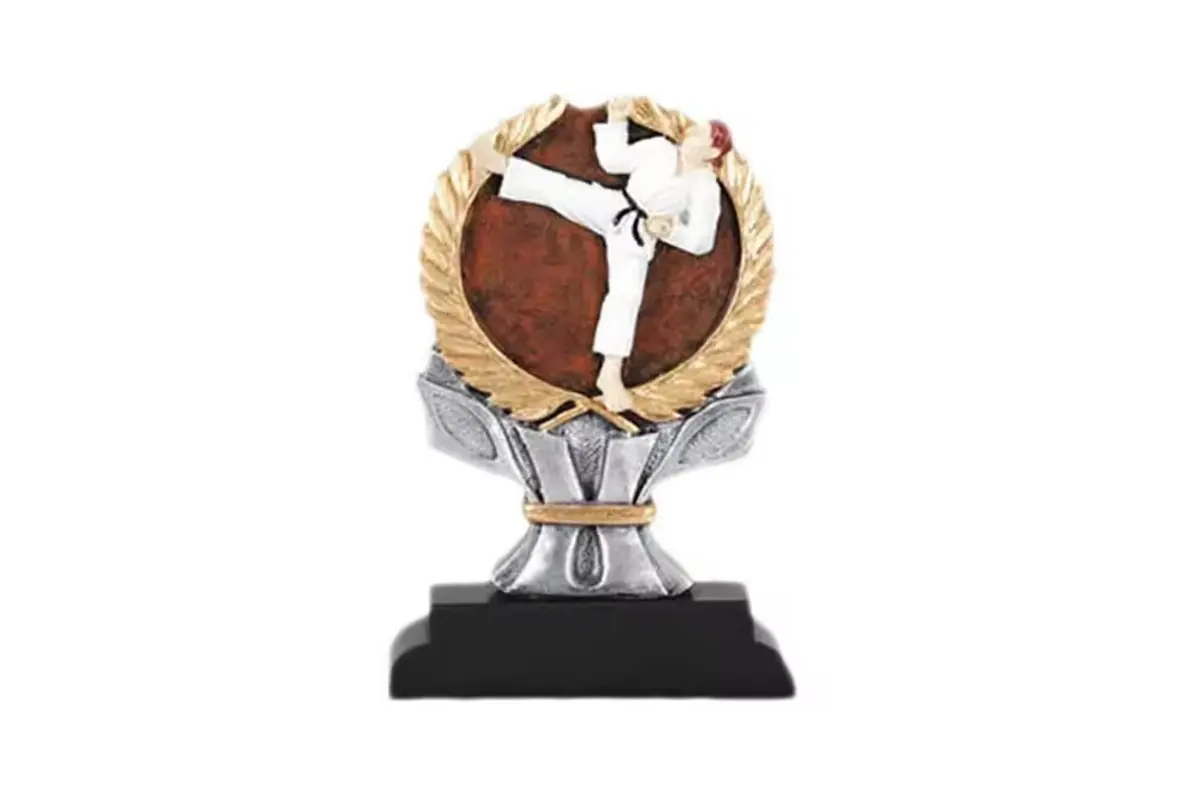 A taekwondo-themed relief trophy on a black base