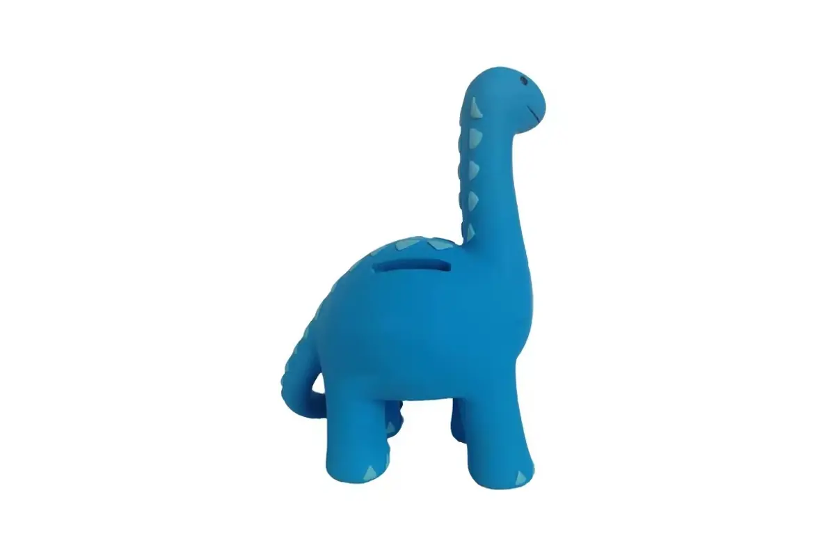 A blue long neck dinosaur coin bank with pale blue markings