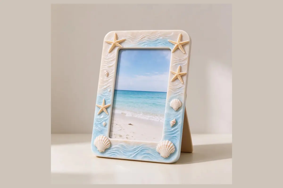 Coastal picture frame decorated with starfish and seashells