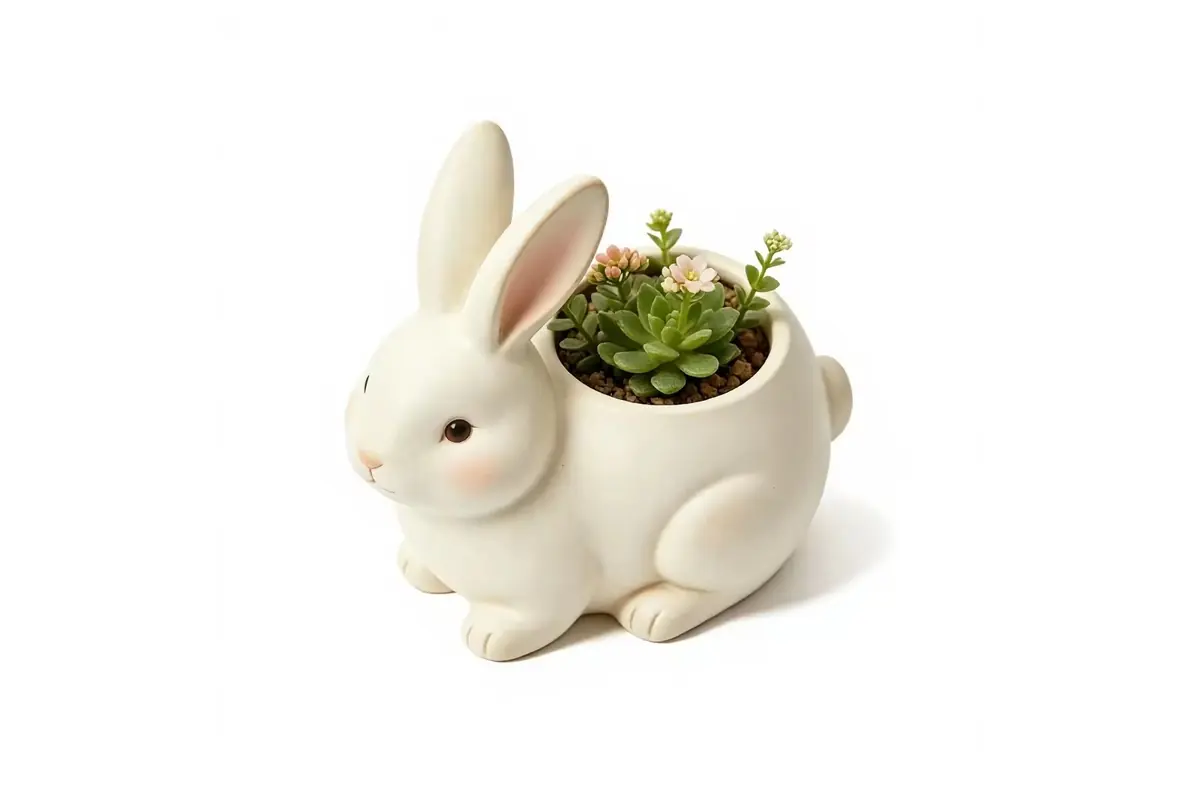 A white rabbit shaped planter filled with small succulents