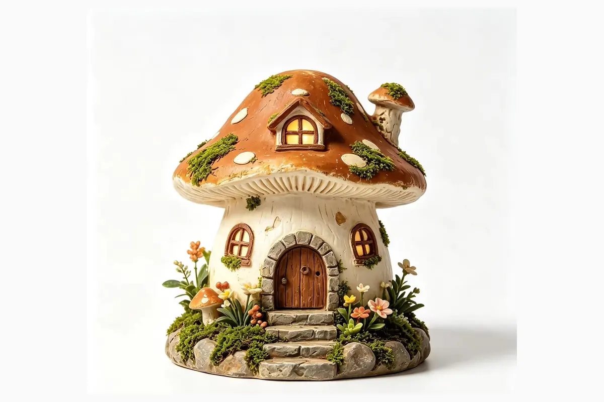 A mushroom cottage holder with an orange roof, small windows and a broad scenic base