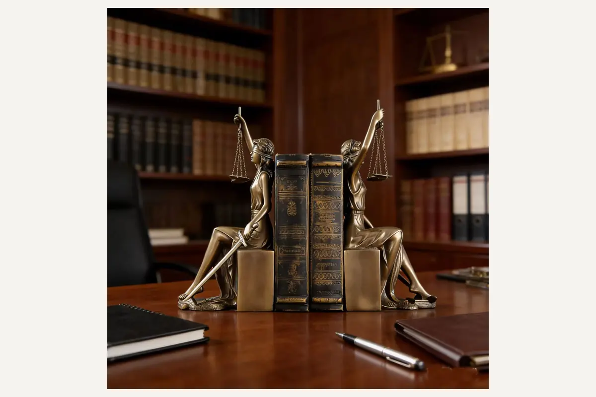 Gold seated figure bookends holding books on a library desk