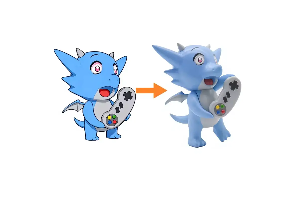 Blue dragon character drawing beside a corresponding three-dimensional figurine holding a game controller