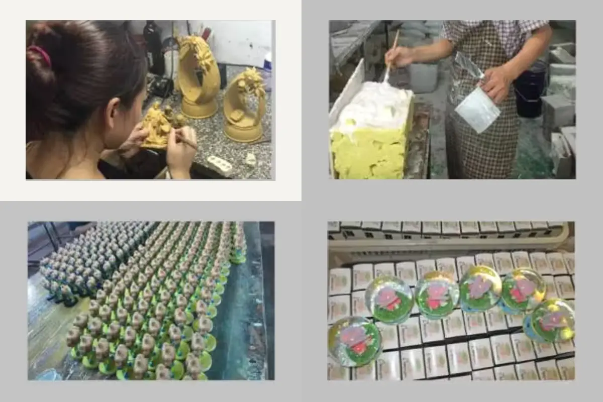 Manufacturing process reference: sculpting, molding, painting, packing.