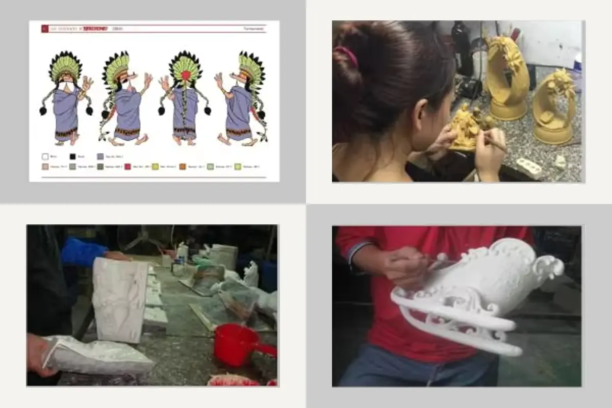 Manufacturing process reference photographs of a design drawing, sculpting, molds and a white decorative body.