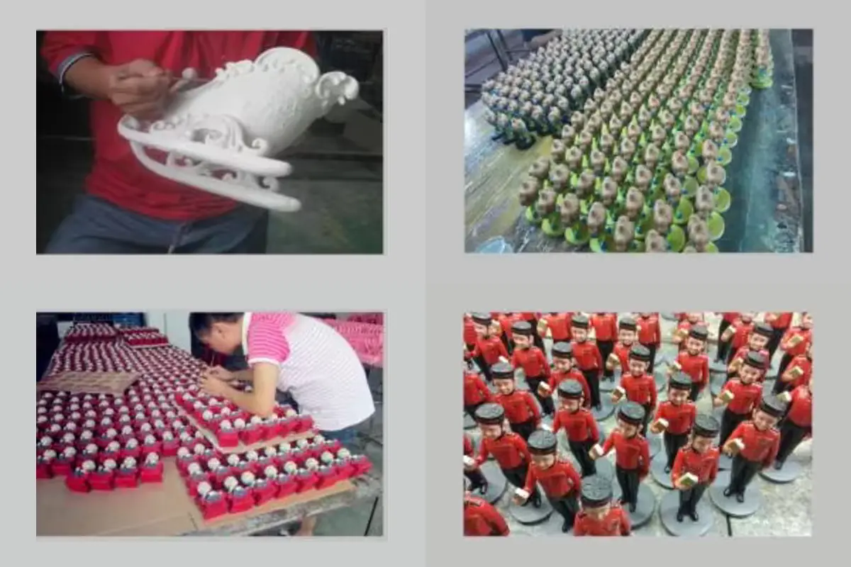 Manufacturing process reference photographs of a white decorative body, painting, manual inspection and finished figures.