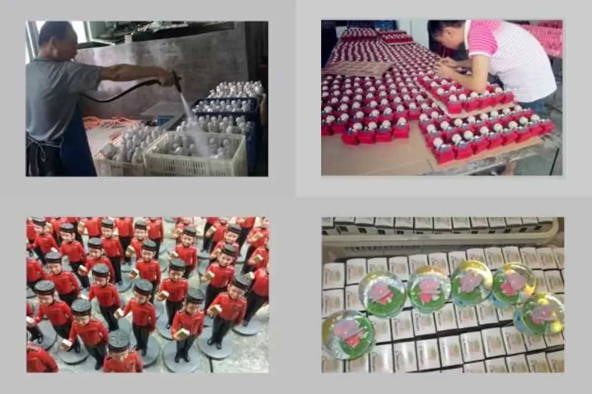 Manufacturing process reference photographs of washing, manual inspection, grouped finished figures and packed ornaments.