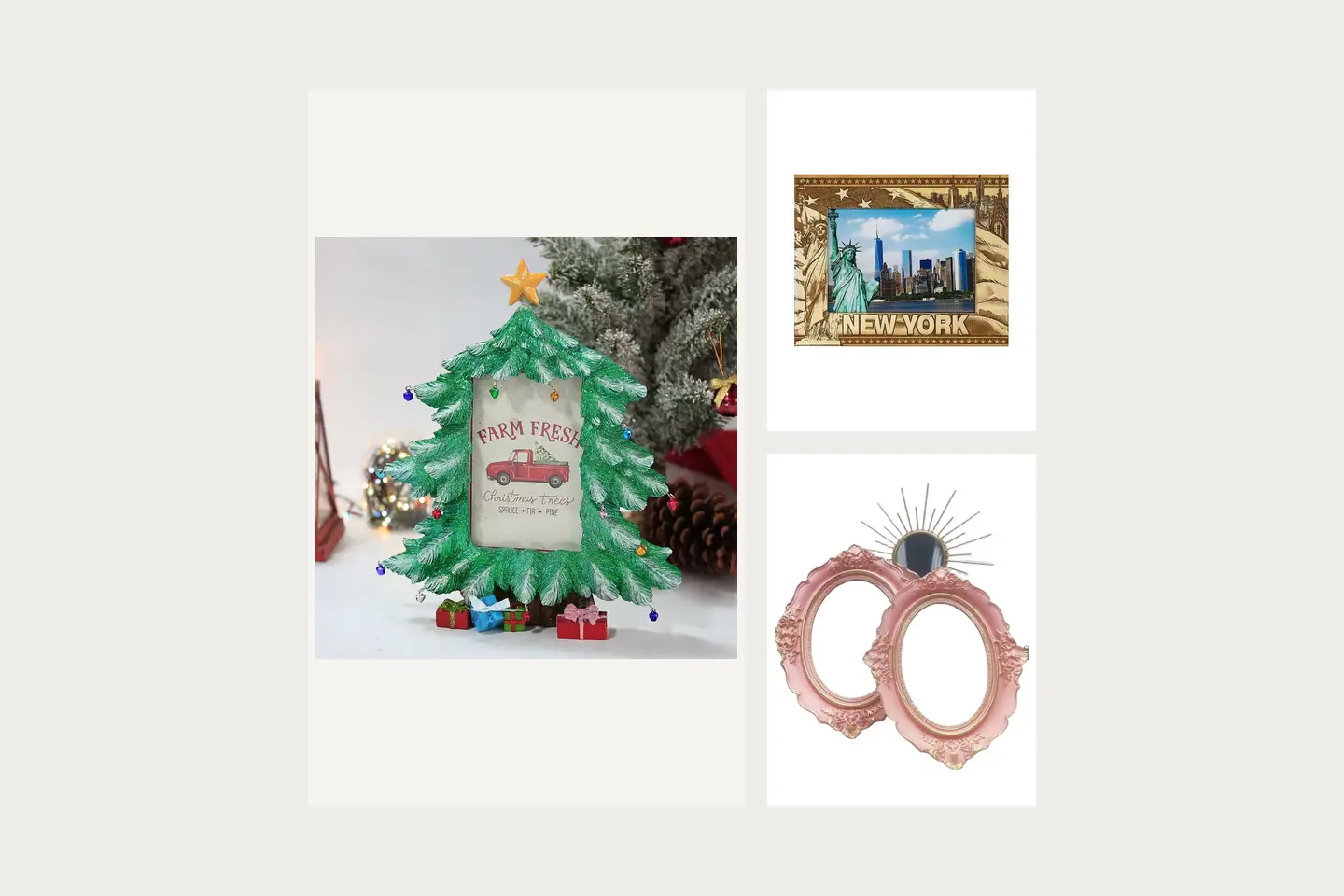 A Christmas-tree-shaped photo frame with a star and small sculpted gifts; A rectangular New York souvenir photo frame with sculpted landmark details; Two pink oval photo-frame surrounds with raised scrollwork