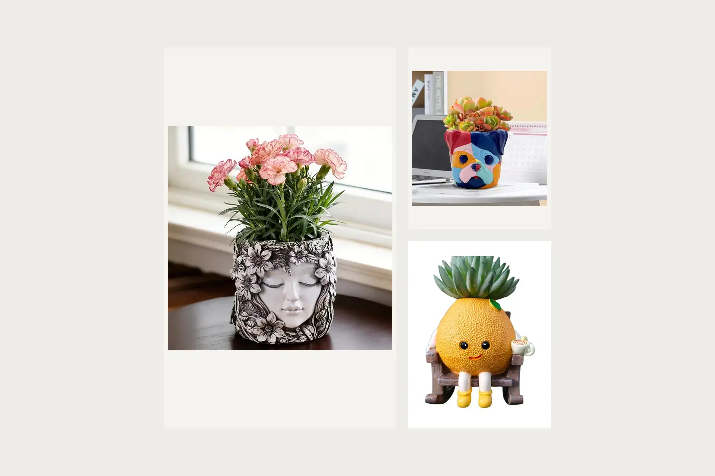 A flower crown woman face planter holding pink flowers beside a window; A colorful dog-face planter holding small succulents on a desk; A yellow fruit-shaped planter sitting on a small rocking chair
