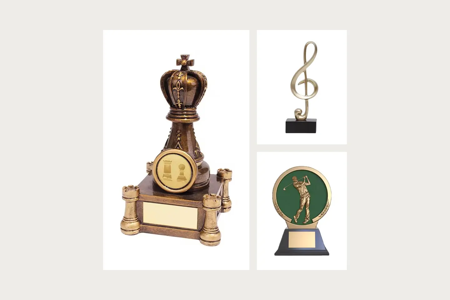 Ornate chess trophy with a crown, chess pieces and blank nameplates; Gold treble clef trophy on a black rectangular base; Round green and gold golf award on a black base